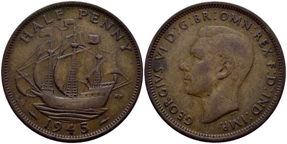 Великобритания 1/2 пенни 1945 Георг VI (1936-1952) KM 844, Spink 4115 бронза 56-1447