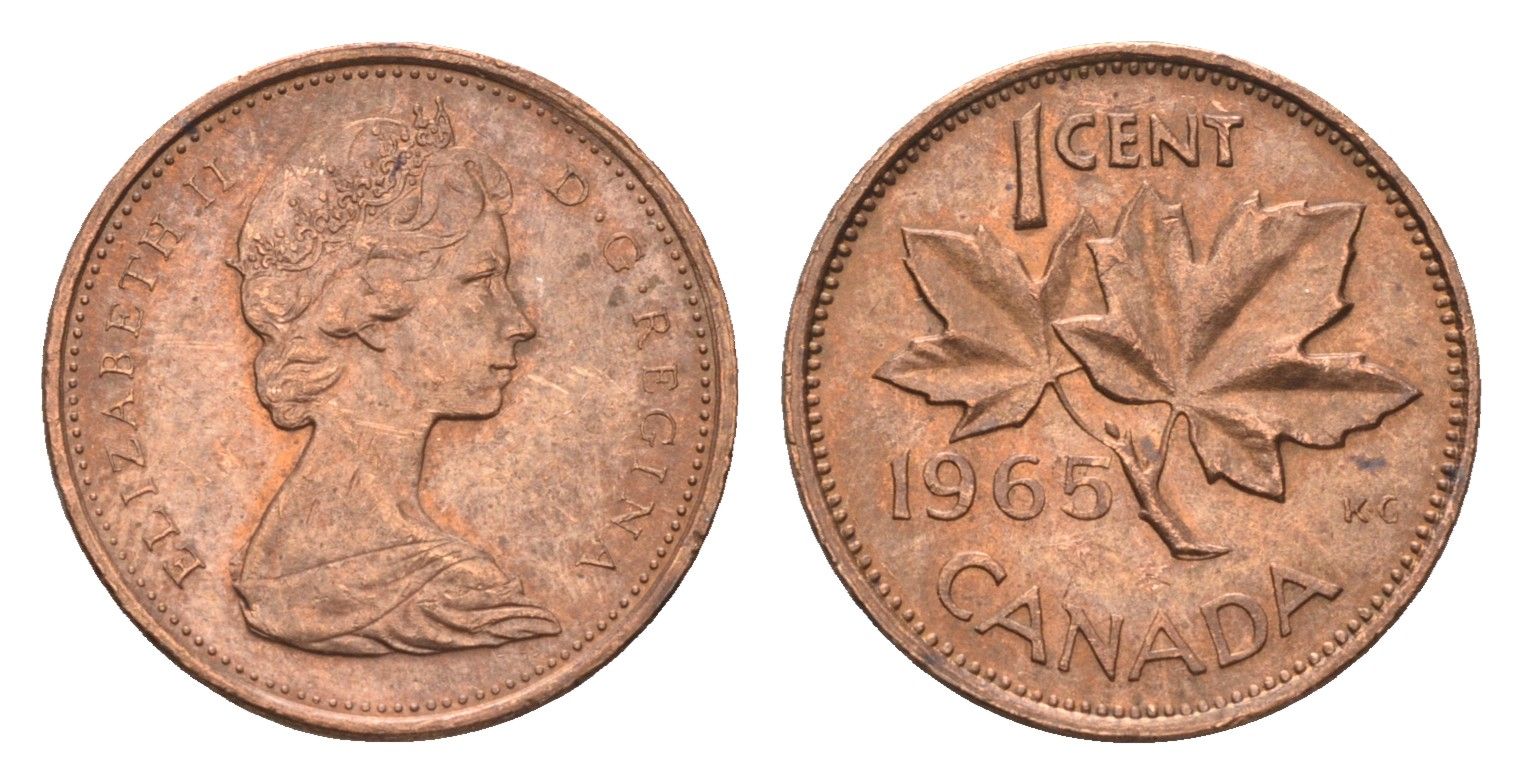 Канада 1 цент 1965 Елизавета II (1952-2022), кленовый лист KM 59 бронза 4664-626