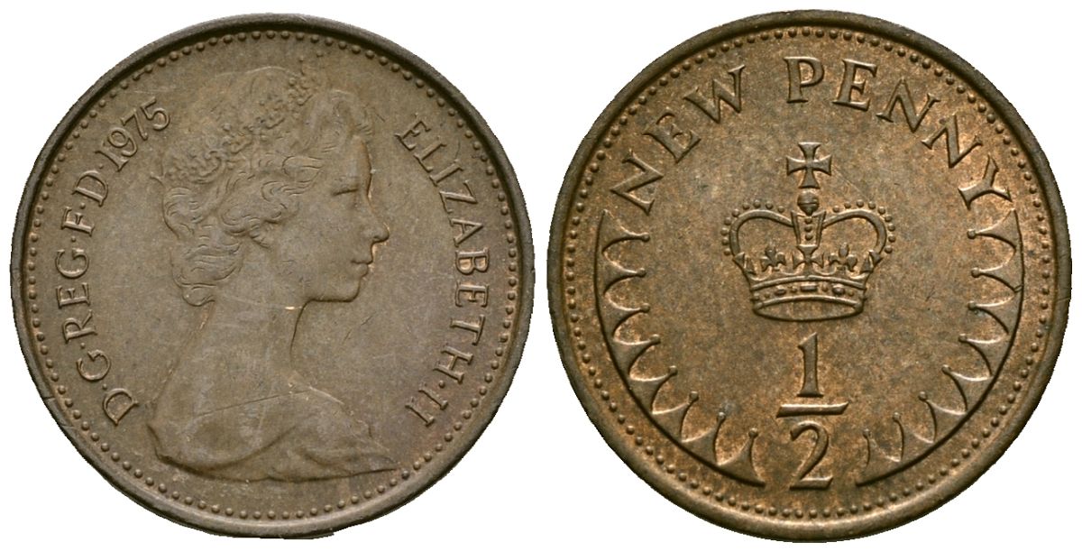 Великобритания 1/2 пенни 1975 Елизавета II (1952-2022) KM 914, Spink 4239 бронза 4173-815