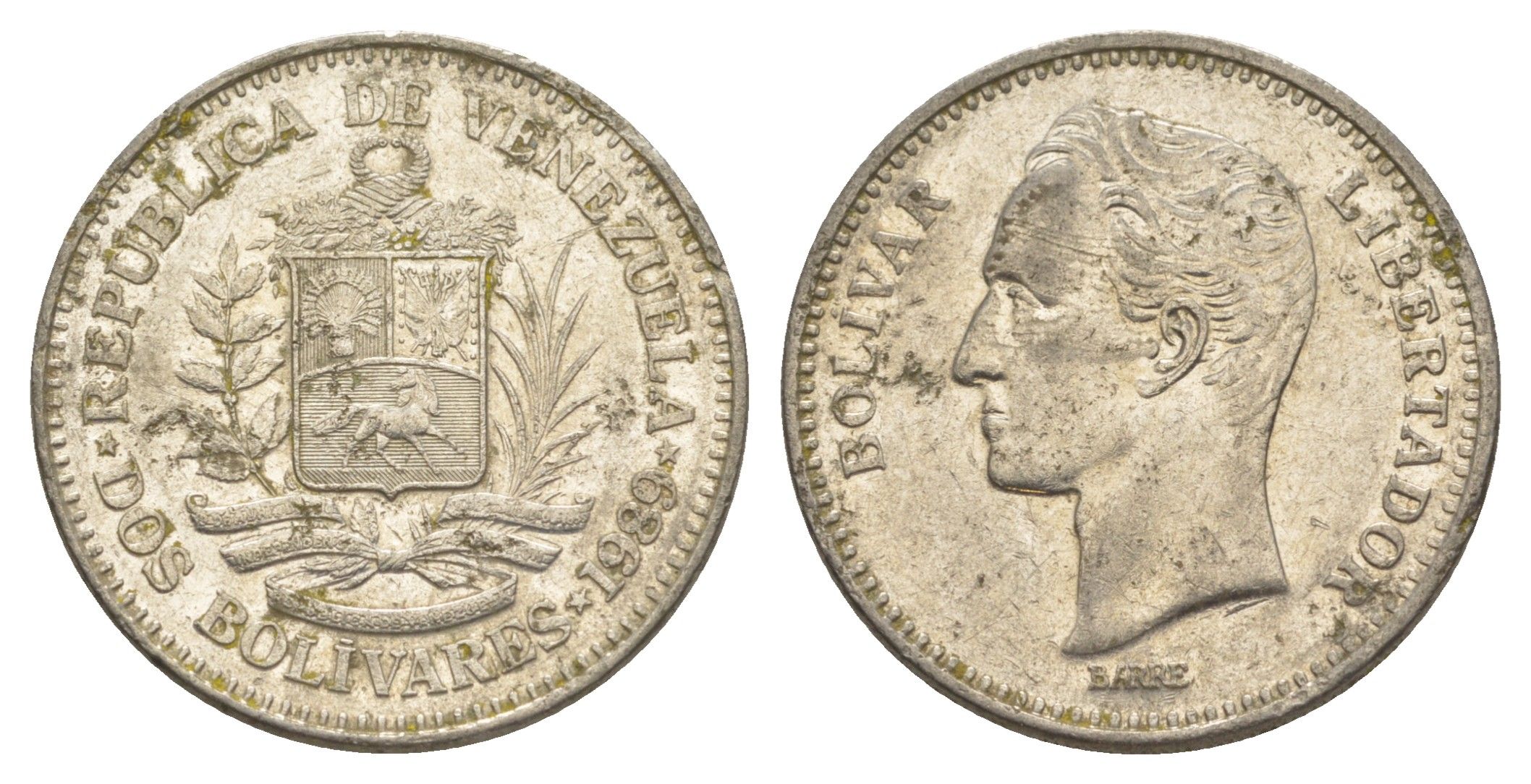 Венесуэла 2 боливара 1989 Симон Боливар Y 43a сталь плакированная никелем 4583-235