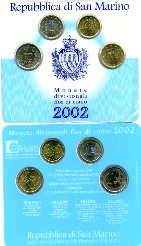 Сан-Марино евронабор из 4 монет 2002 2 евро, 1 евро, 50 евроцентов, 20 евроцентов, официальный набор KM 444, 445, 446, 447 биметалл UNC 1-6-1-24
