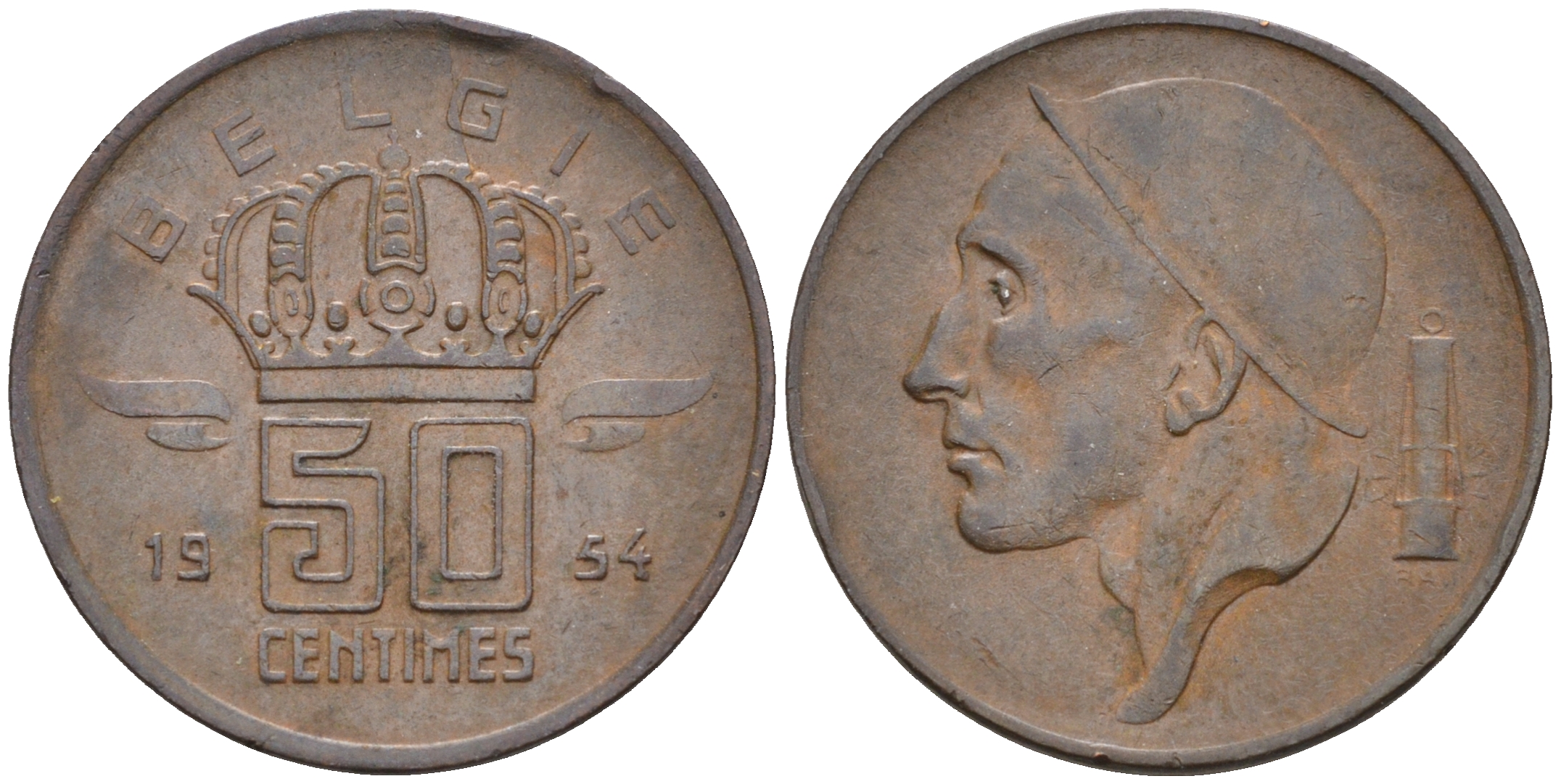 БЕЛЬГИЯ 50 САНТИМОВ 1954 BELGIE KM 145 бронза 4588-511