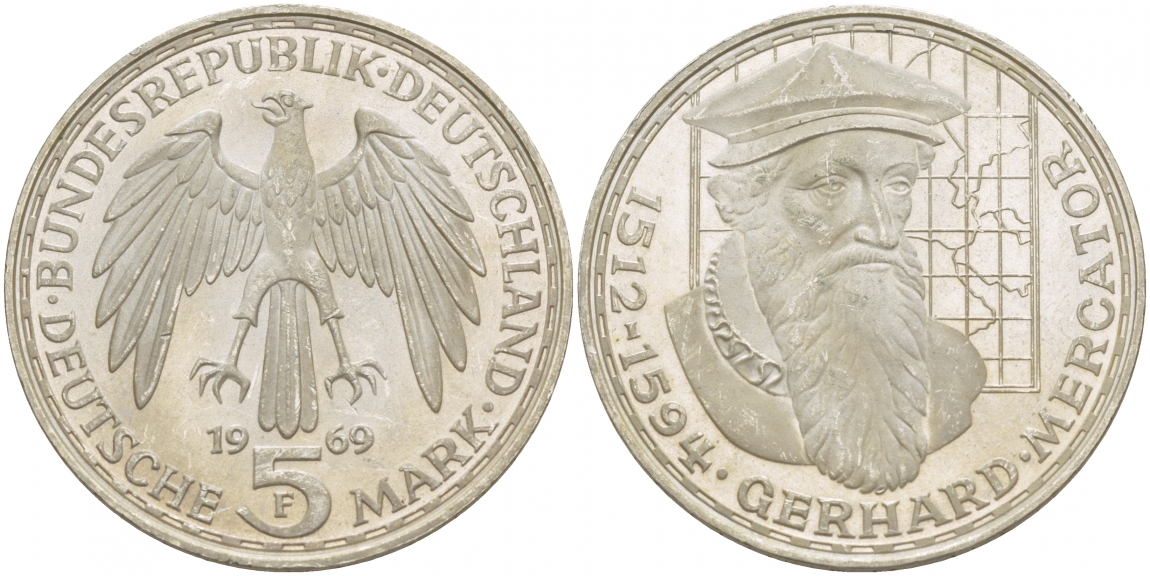 ФРГ 5 марок 1969 F, 375 лет со дня смерти Герарда Меркатора J. 400, KM 126.1 серебро UNC 4545-1136