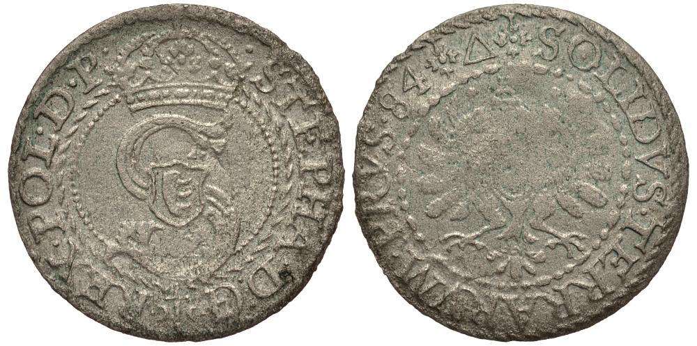 Польша, Восточная Пруссия 1 шиллинг (шеляг) 1584 Стефан Баторий (1576-1586), вес 0,74 гр. серебро 1516-1535