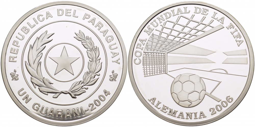Парагвай 1 гуарани 2004 чемпионат мира по футболу в Германии 2006 FIFA KM 202 серебро PROOF 11-153-12