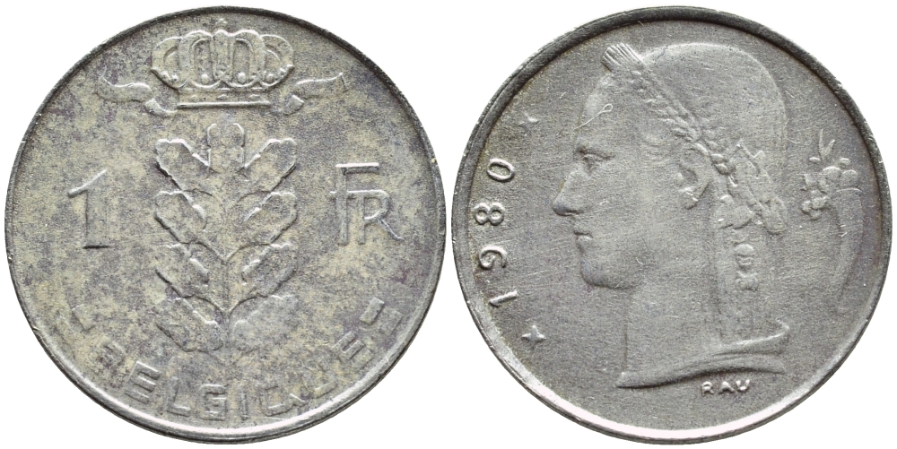 БЕЛЬГИЯ 1 ФРАНК 1980 BELGIQUE KM 142.1 медно-никель 3999-535