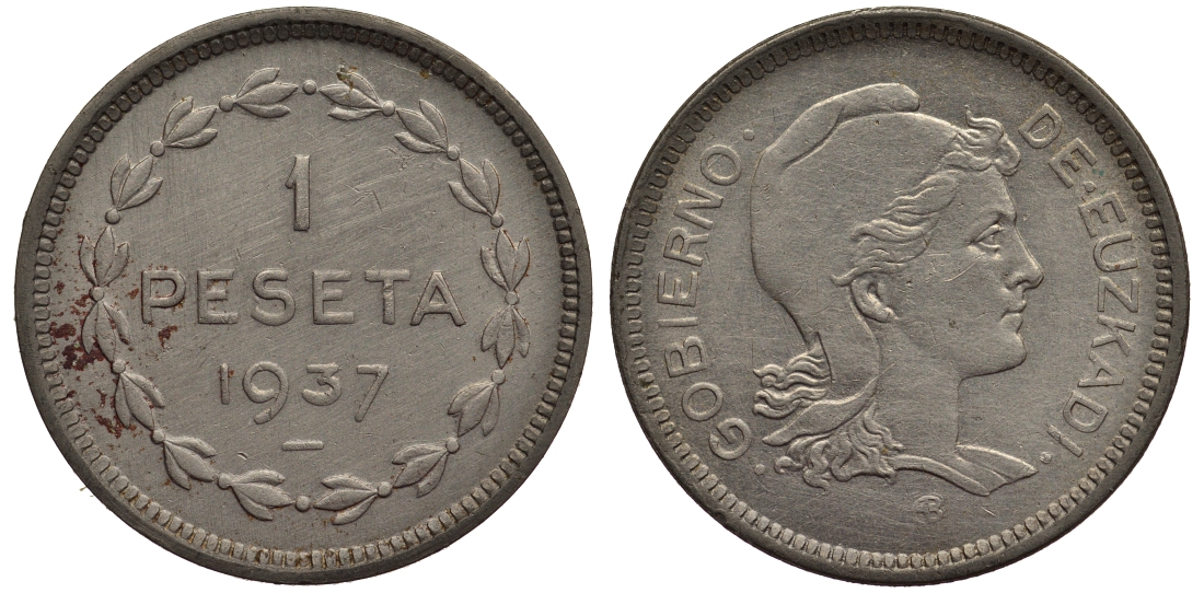 ИСПАНИЯ (EUZKADI) 1 ПЕСЕТА 1937 РЕСПУБЛИКА БАСКОВ KM 1 никель 1521-134