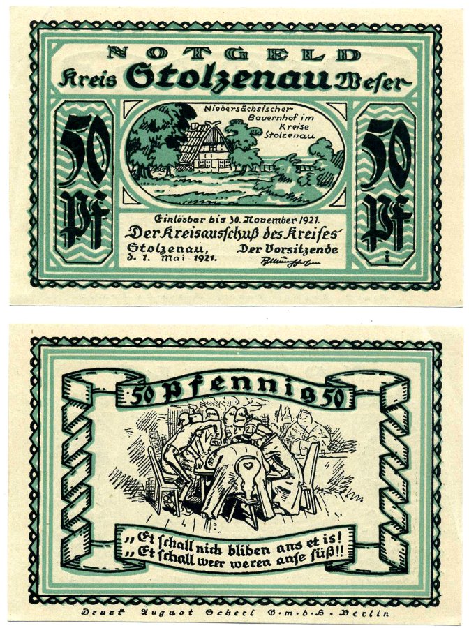 Штольценау 50 пфеннигов 1921 1 мая 1921 - 30 ноября 1921, нотгельд, земля Нижняя Саксония Grabowski 1276.2 бумага 2195-15-3-2