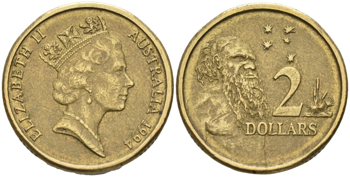 Австралия 2 доллара 1994 абориген, Елизавета II (1953-) KM 101 алюминиевая бронза 4126-1054