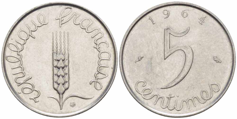 ФРАНЦИЯ 5 САНТИМОВ 1964 ПЯТАЯ РЕСПУБЛИКА KM 927, LE FRANC 124.6 хромированная сталь 105-439