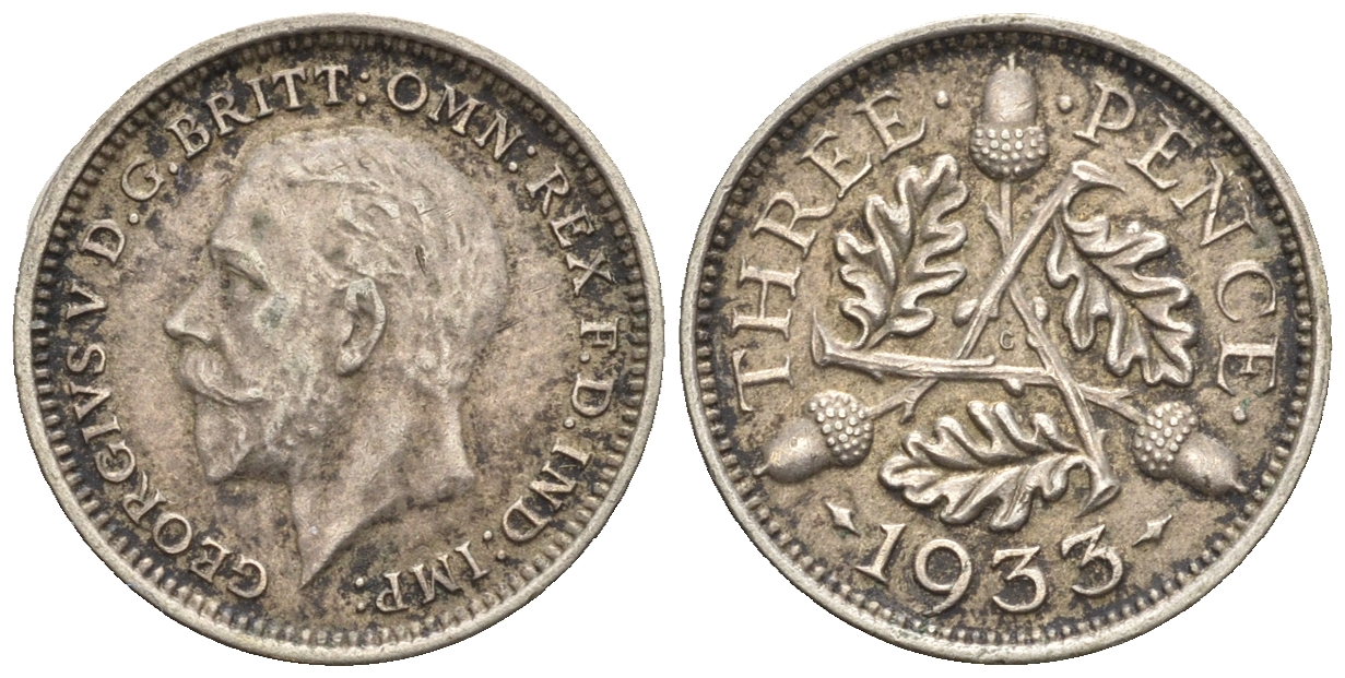 Великобритания 3 пенса 1933 Георг V (1910-1936) KM 831, Spink 4042 серебро 4609-742