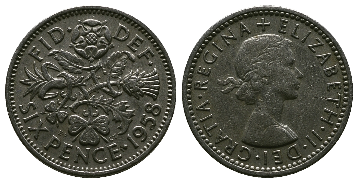 Великобритания 6 пенсов 1958 Елизавета II (1952-2022) KM 903, Spink 4149 медно-никель 4381-669