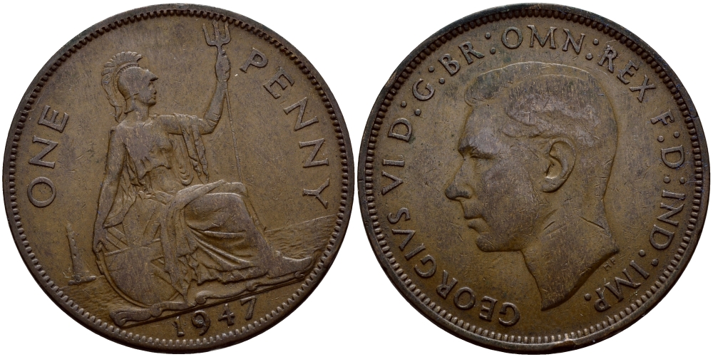 Великобритания 1 пенни 1947 Георг VI (1936-1952) KM 845, Spink 4114 бронза 4380-613