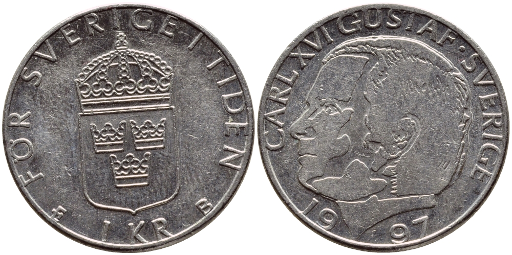 Швеция 1 крона 1997 Карл XVI Густав (1973- ) KM 852a медно-никель 4382-915