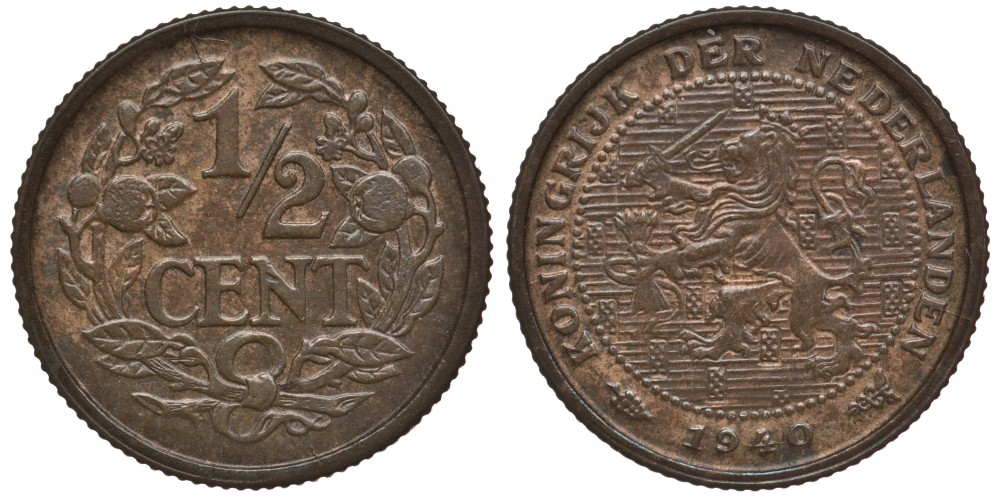 НИДЕРЛАНДЫ 1/2 ЦЕНТА 1940 ВИЛЬГЕЛЬМИНА I (1890-1948) KM 138 бронза 4381-638