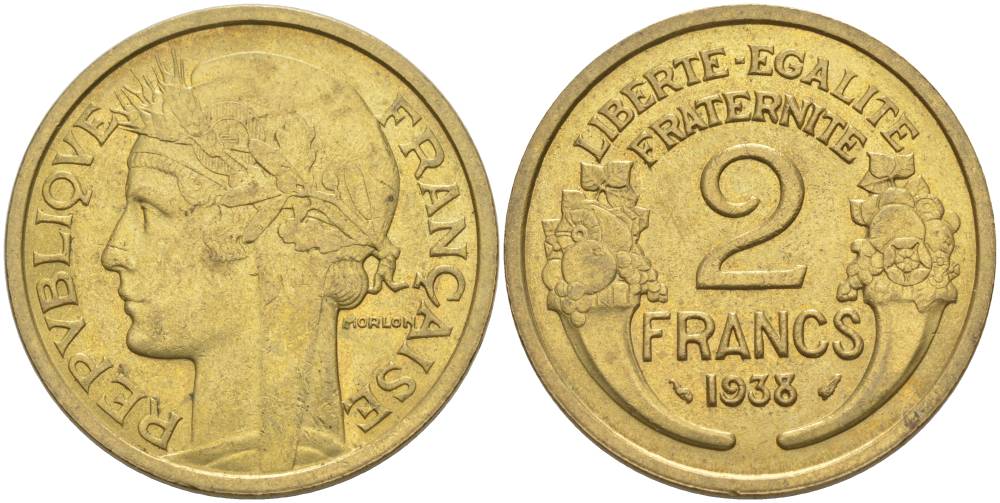 ФРАНЦИЯ 2 ФРАНКА 1938 ТИП MORLON KM 886, LE FRANC 268.11 алюминиевая бронза 3855-113