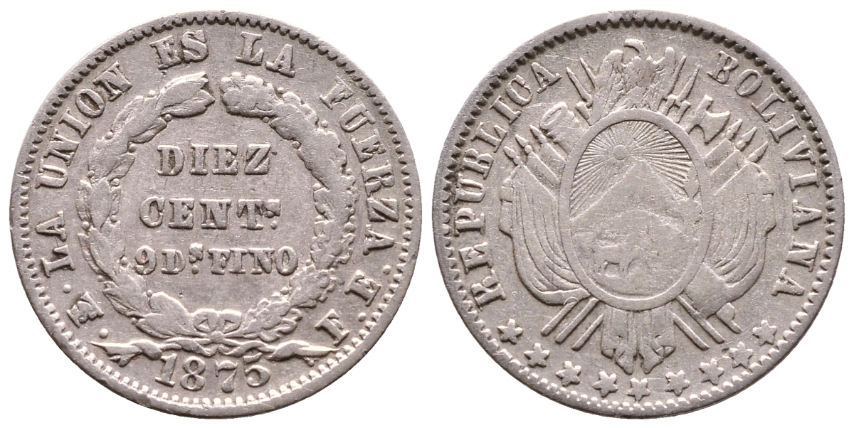 БОЛИВИЯ 10 СЕНТАВО 1875 FE KM 158.1 серебро 4178-162