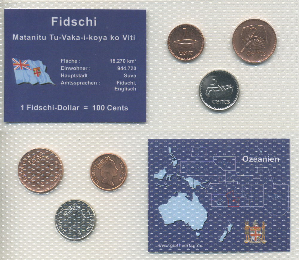 Фиджи набор из 3 монет 2000 - 2006 1, 2, 5 центов, в запайке KM 51а, 49а, 50а   UNC  1-5-2-41