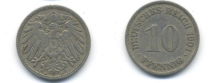 ГЕРМАНИЯ 10 ПФЕННИГОВ 1901 A KM 12, J. 13 медно-никель 58-236