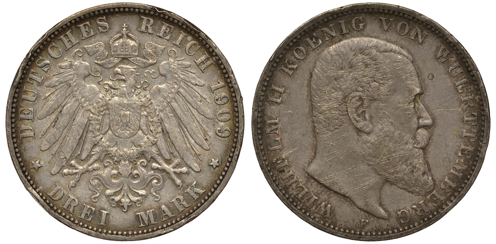 Вюртемберг 3 марки 1909 F, Вильгельм II (1891-1918) Weege 171, J.175, KM 635 серебро 413-721