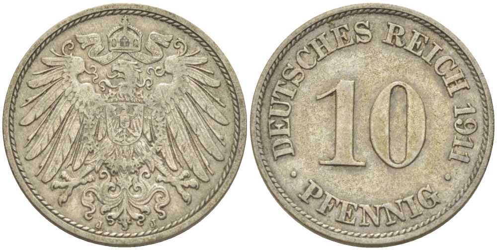 ГЕРМАНИЯ 10 ПФЕННИГОВ 1911 J KM 12, J. 13, Weege 8 медно-никель 212-144