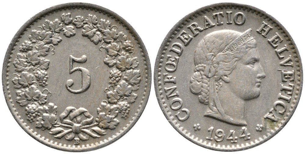 Швейцария 5 раппенов 1944 KM 26 медно-никель 4528-634