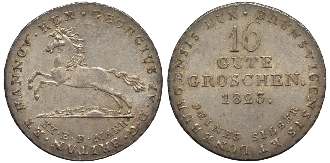 Брауншвейг-Каленберг-Ганновер 16 гутергрошенов 1823 король Георг IV (1820-1830) J 23 g, AKS 37 серебро  aUNC  11-119-21