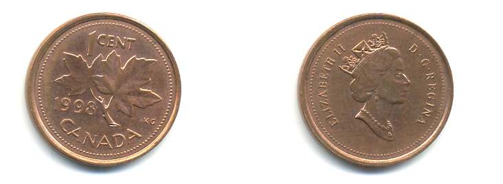 КАНАДА 1 ЦЕНТ 1998 ЕЛИЗАВЕТА II, КЛЕНОВЫЙ ЛИСТ KM 289 сталь плакированная медью 177-1443