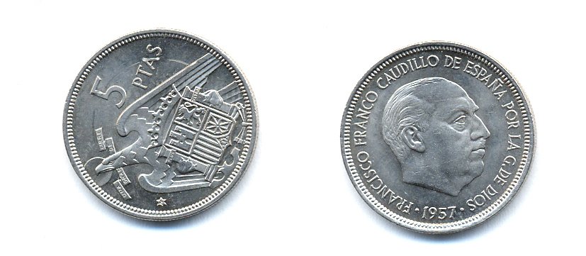 ИСПАНИЯ 5 ПЕСЕТ 1957 (74) ФРАНСИСКО ФРАНКО ДИКТАТОР ИСПАНИИ (1939-1975) KM 786 медно-никель 23-413