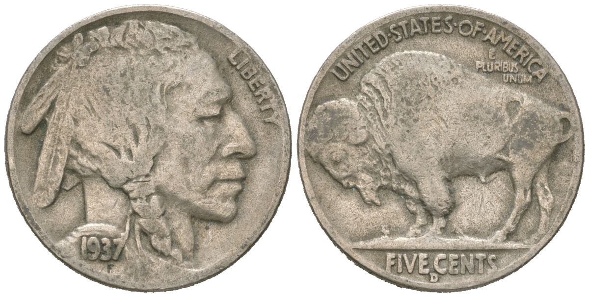 США 5 центов 1937 D, индеец, бизон KM 134 медно-никель 4602-814