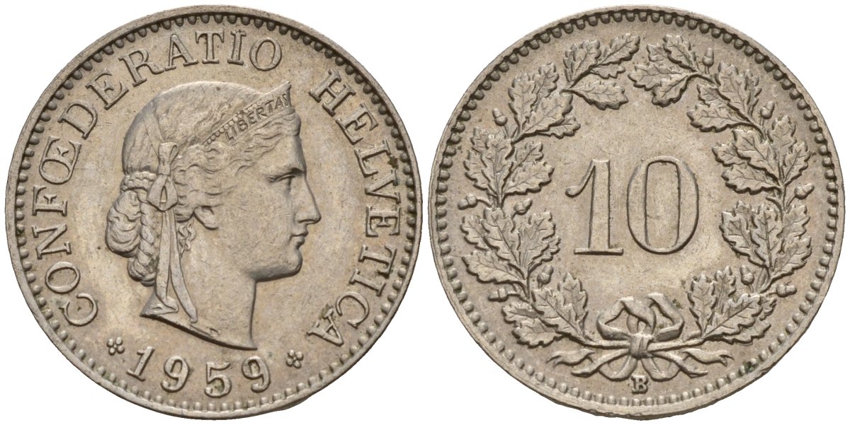 Швейцария 10 раппенов 1959 B KM 27 медно-никель 4189-356
