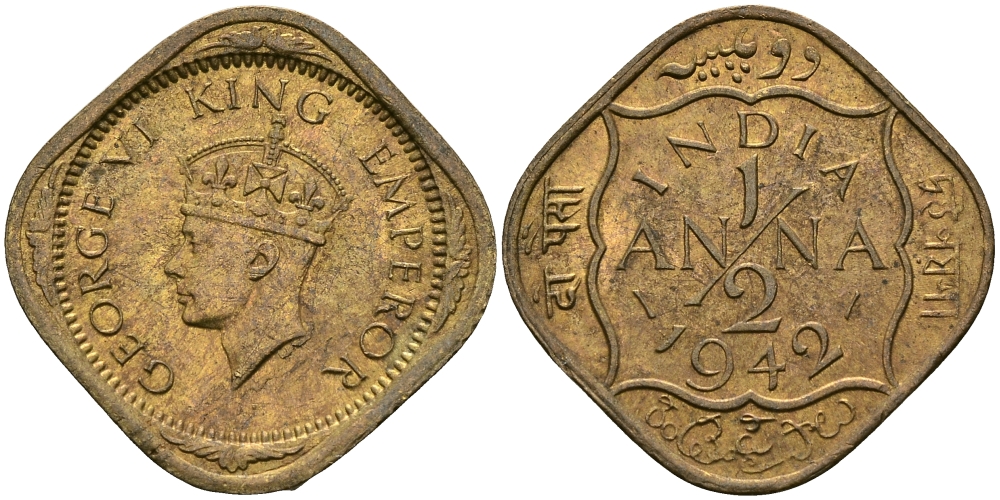 Британская Индия 1/2 анна 1942 Георг VI (1936-1952) KM 534b никель-латунь UNC 94-845