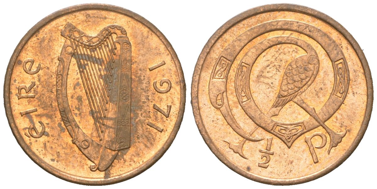 Ирландия 1/2 пенни 1971 мифологическая птица лира KM 19 бронза aUNC 4152-643