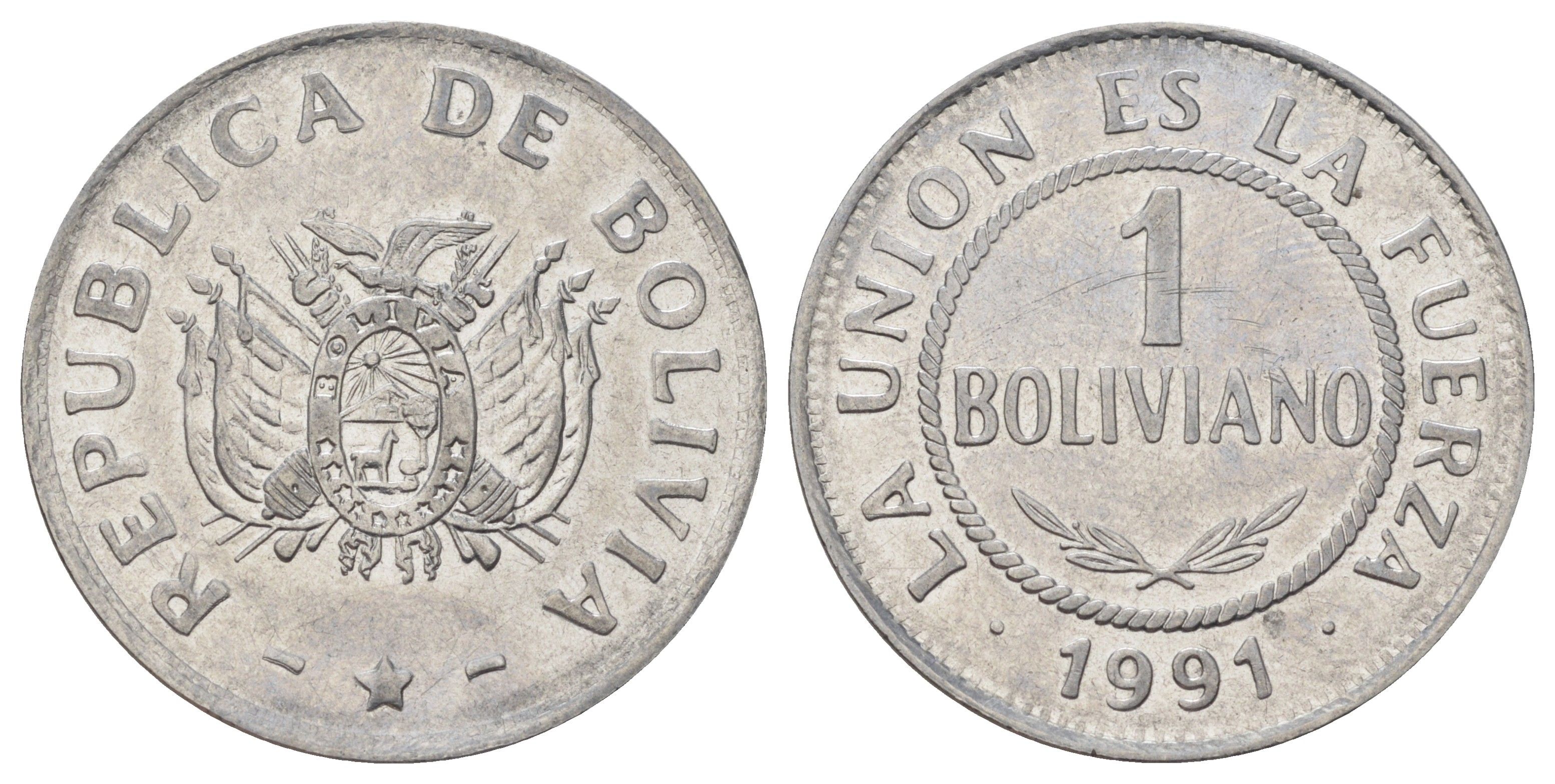 Боливия 1 боливиано 1991 KM 205 нержавеющая сталь UNC 117-726