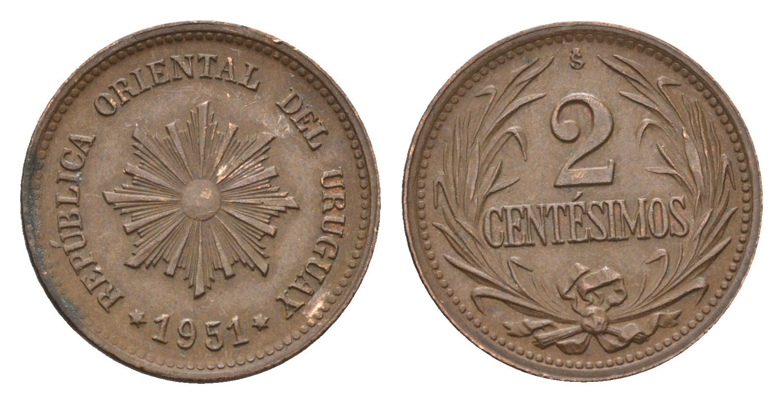 Уругвай 2 сентесимо 1951 KM 20a медь цинк 4674-1012