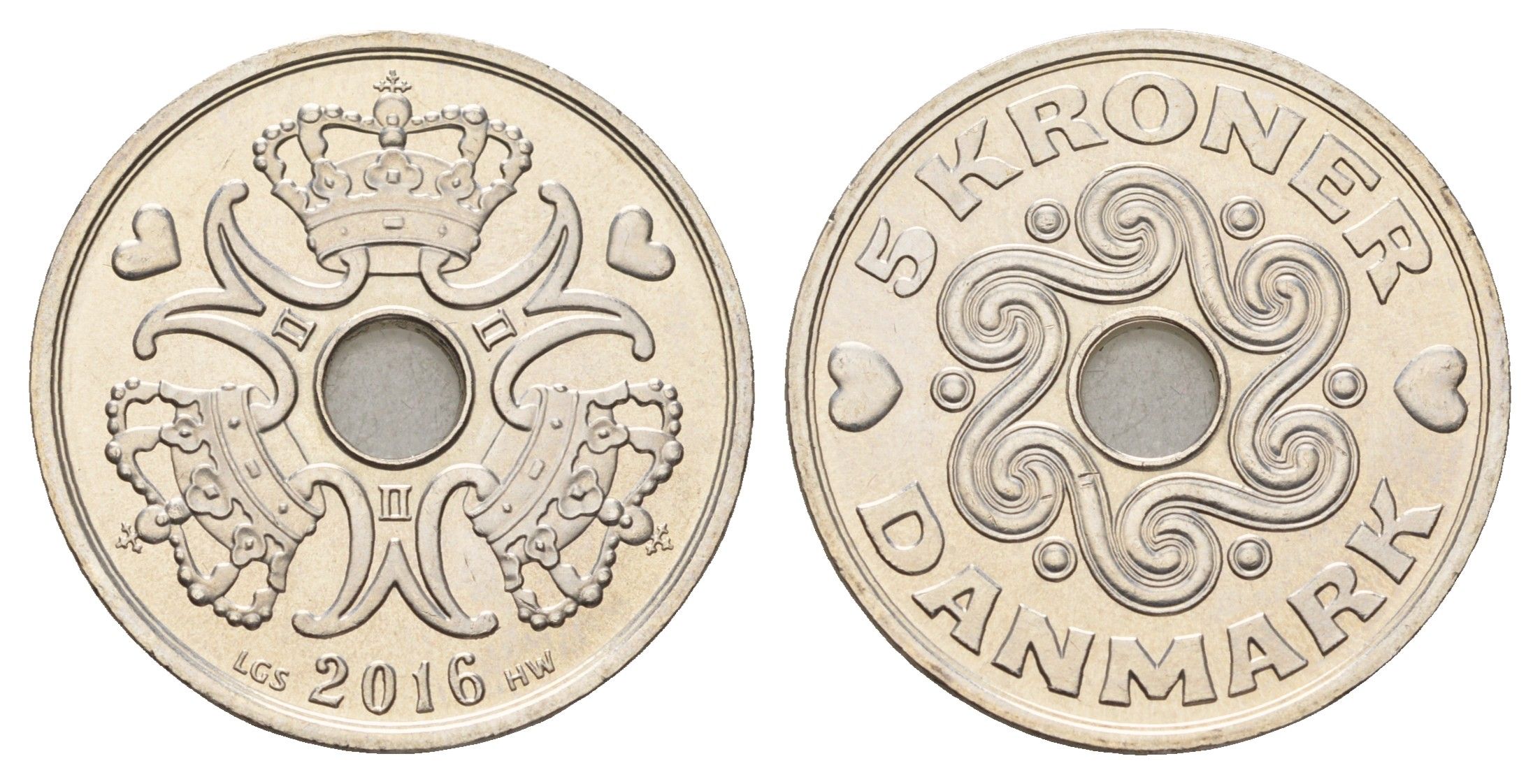 Дания 5 крон 2016 Маргрете II (1972-2024) KM 869 медно-никель UNC 119-115