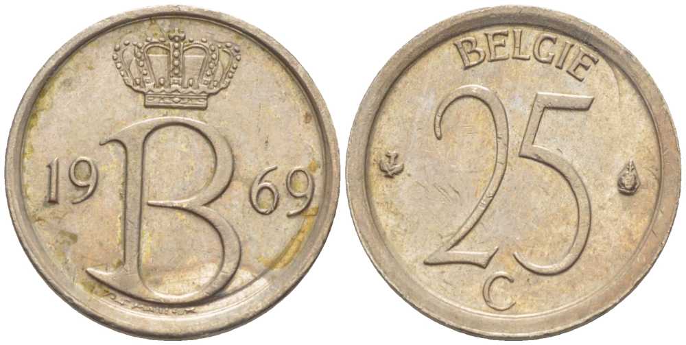 Бельгия 25 сантимов 1969 Belgie, Бодуэн I (1951-1993) KM 154.1 медно-никель 201-1255