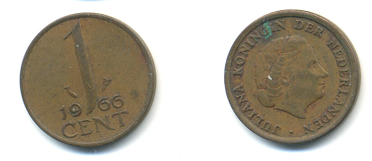 НИДЕРЛАНДЫ 1 ЦЕНТ 1966 ЮЛИАНА KM 180 бронза 83-936