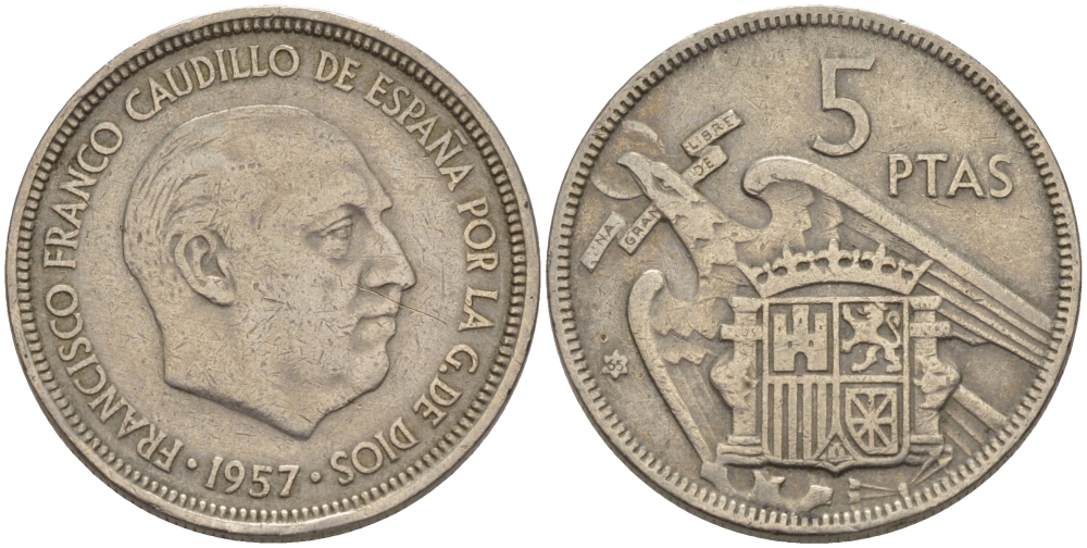 ИСПАНИЯ 5 ПЕСЕТ 1957 (65) ФРАНСИСКО ФРАНКО ДИКТАТОР ИСПАНИИ (1939-1975) KM 786 медно-никель 65-1023