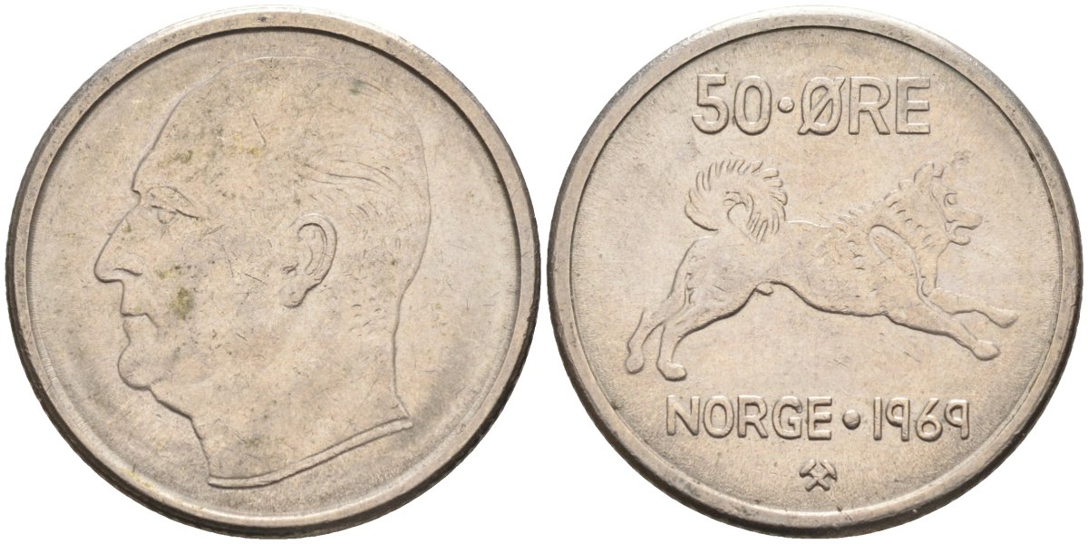 Норвегия 50 эре 1969 Улаф V (1957-1991), собака KM 408 медно-никель 4582-717