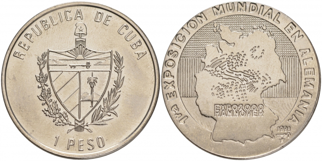 Куба 1 песо 1998 серия история мировых выставок, Ганновер 2000, карта Германии KM 103 никелированная сталь UNC M28-20