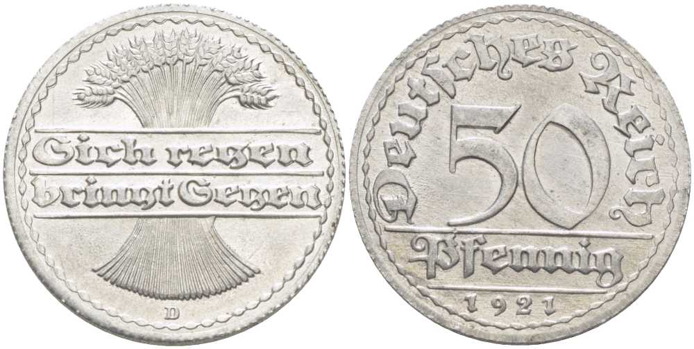 ГЕРМАНИЯ 50 ПФЕННИГОВ 1921 D KM 27, J. 301, Weege 10 алюминий 261-732