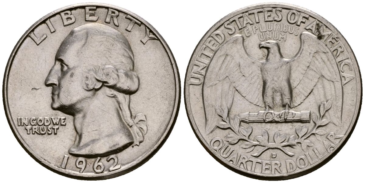 США 25 центов (квотер) 1962 D, Вашингтон KM 164 серебро 00-00