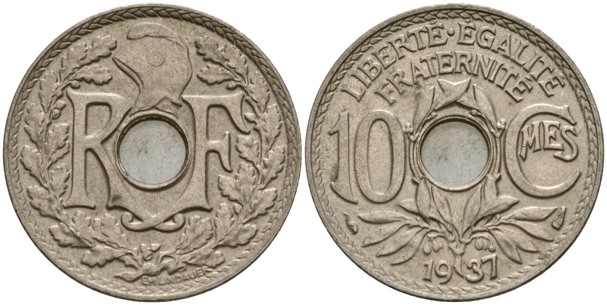 Франция 10 сантимов 1937 KM 866a медно-никель 51-2836