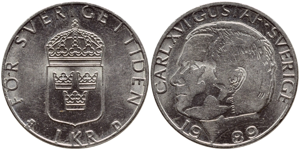Швеция 1 крона 1989 Карл XVI Густав (1973- ) KM 852a медно-никель 4398-1157