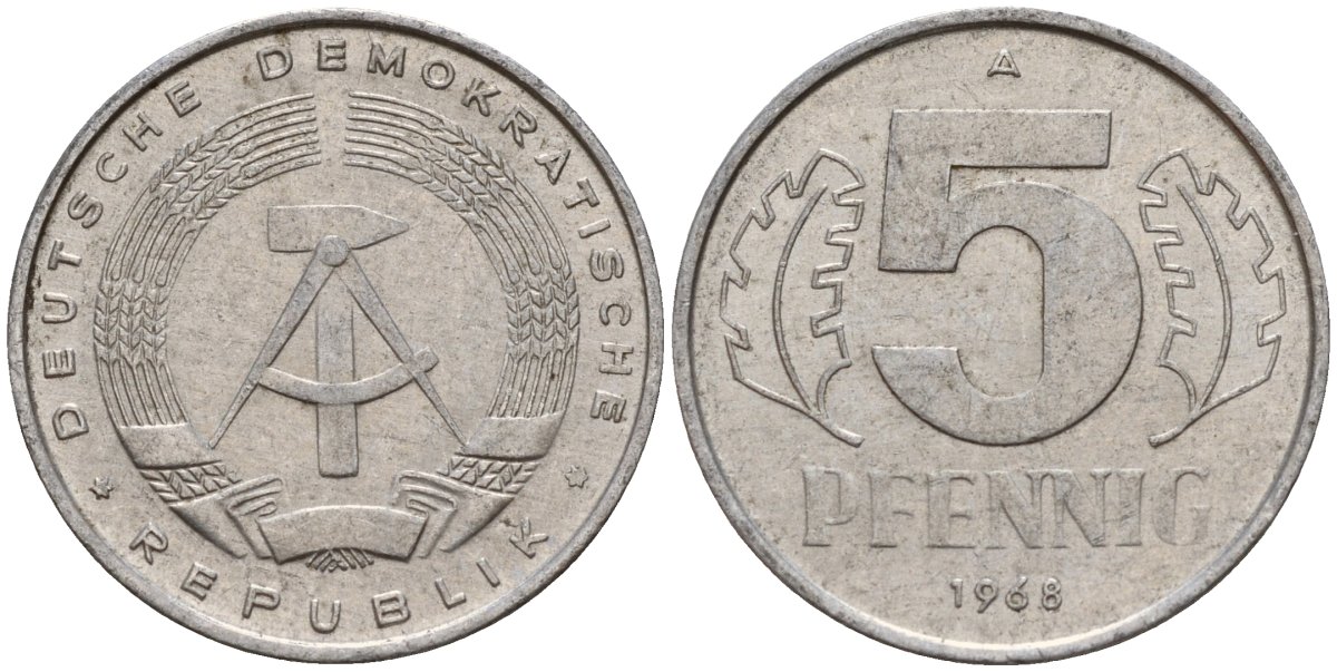 ГДР 5 пфеннигов 1968 A KM 9.1 алюминий 211-917