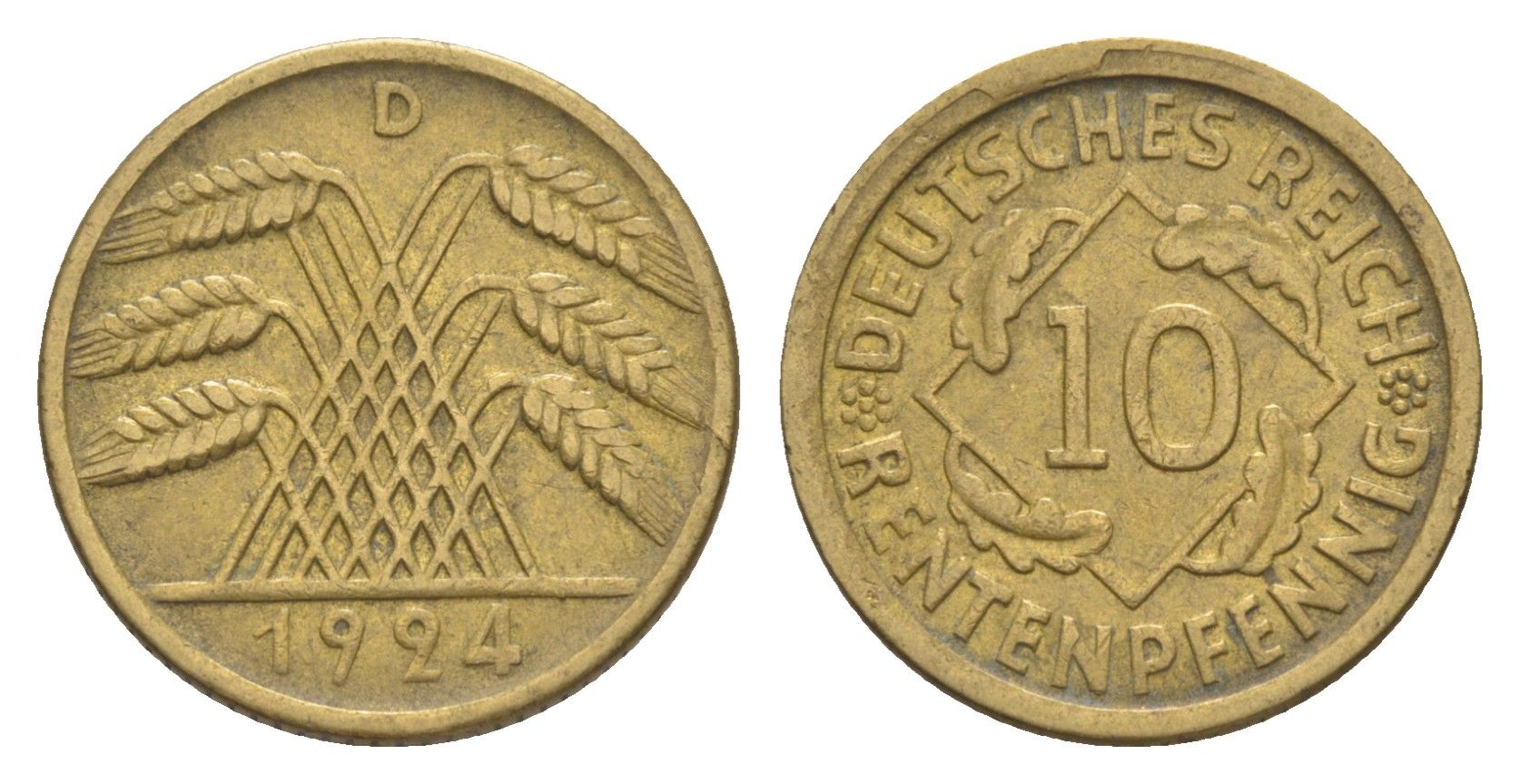 Германия 10 рентенпфеннигов 1924 D KM 33, J. 309 алюминиевая бронза 4644-1224