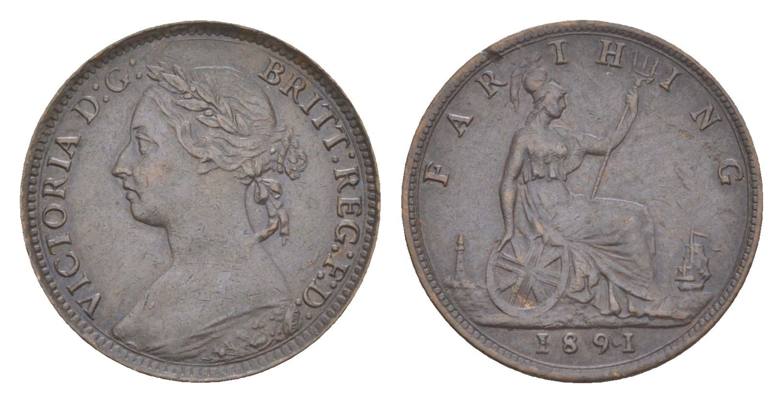 Великобритания 1 фартинг 1891 Виктория (1837-1901) KM 753, Spink 3958 бронза 4630-162