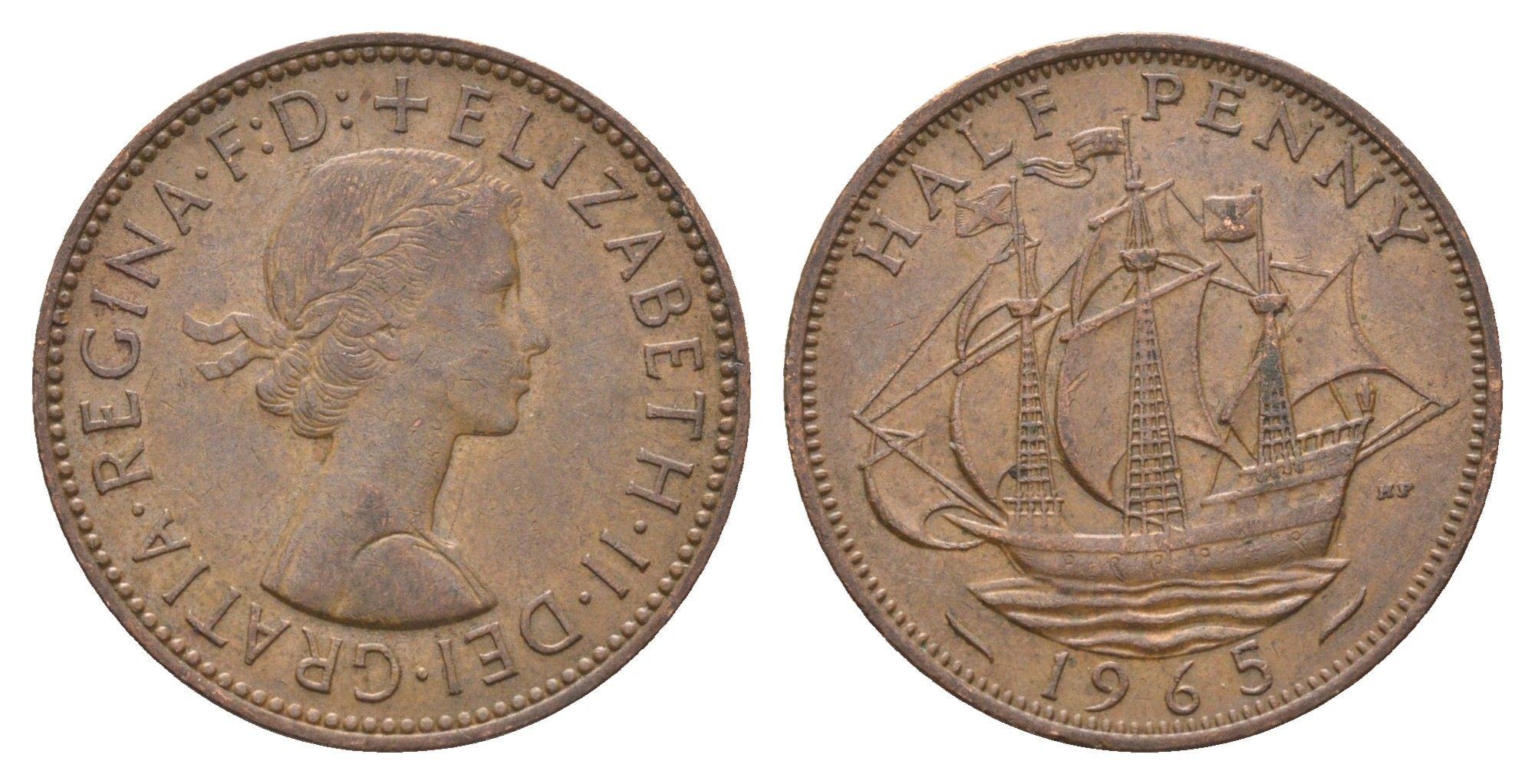 Великобритания 1/2 пенни 1965 Елизавета II (1952-2022) KM 896, Spink 4158 бронза 4662-1244