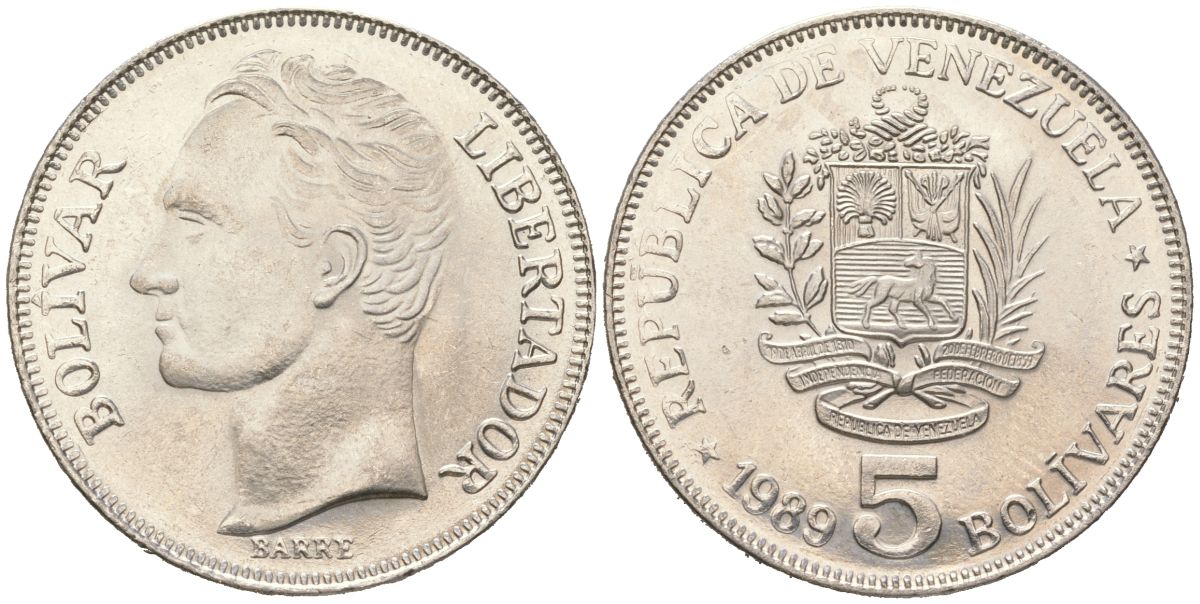 Венесуэла 5 боливаров 1989 KM 59.а2 сталь плакированная никелем 4364-3814